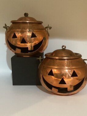Pair of Copper Pumpkin Jack-O-Lantern Candle Holders with Handles 5"H India